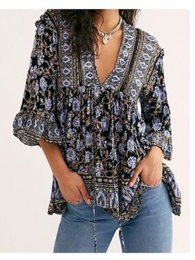 Free People | Moonlight Dance Tunic Black & Blue Boho Peasant Blouse Sz S